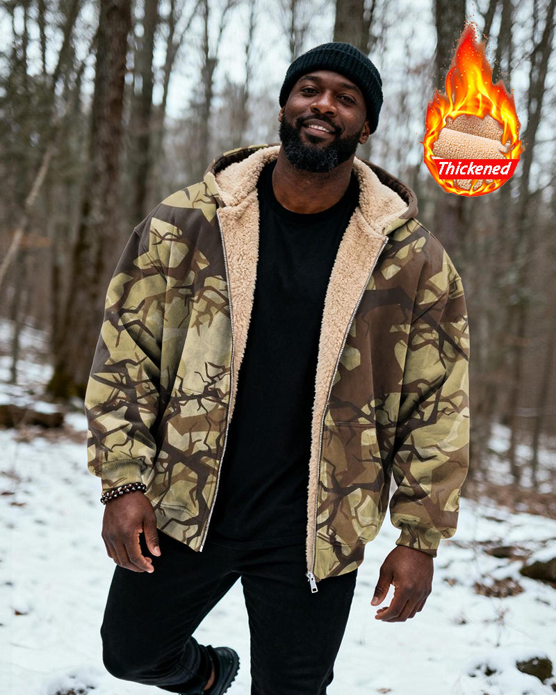 Big & Tall Men's Hunting Style Branch Camouflage Print Velvet Thickened Zipper Cardigan Hoodie