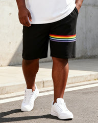 Big & Tall Men's Black And White Color Contrast Rainbow Stripe Printed Round Neck Short Sleeve T-Shirt Shorts Set