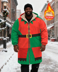 Big & Tall Men's Red And Green Christmas Elves Printed Velvet Thickened Long Hooded Coat