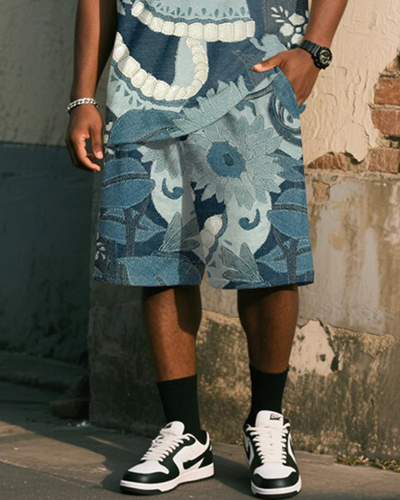 Big & Tall Men's Blue Denim Skull Print Vest Shorts Suit