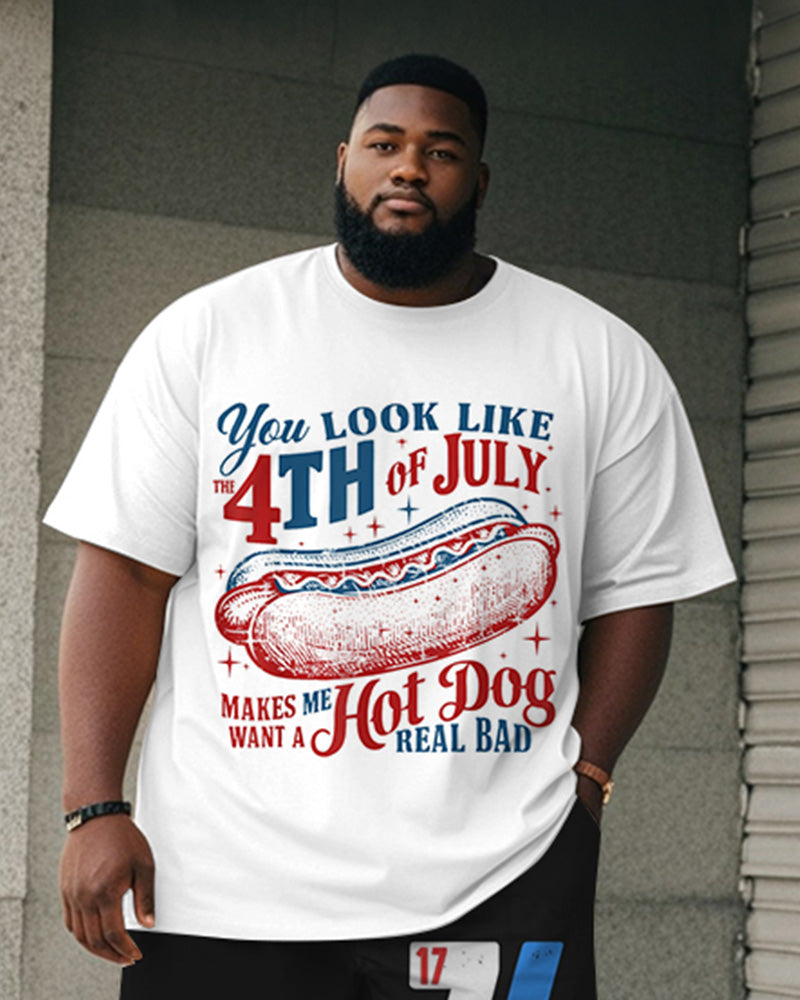 Men's Plus Size Independence Day Hot Dog Letter Print Round Neck Short Sleeve T-Shirt Shorts Suit