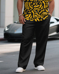 Men's Plus Size Black & Yellow Irregular Geometric Arrangement Short Sleeve Shirt Pants Suit