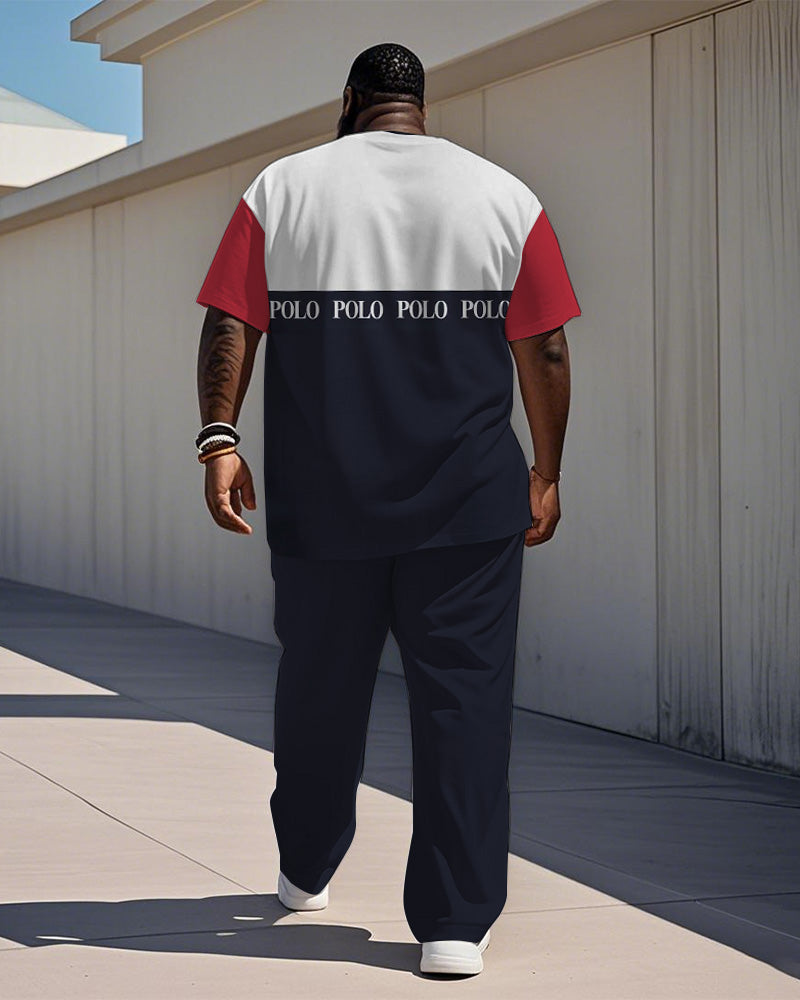 Men's Plus Size Blue And Red Color-block Alphabet Print Henry Collar T-shirt Trousers Suit