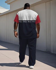 Men's Plus Size Blue And Red Color-block Alphabet Print Henry Collar T-shirt Trousers Suit
