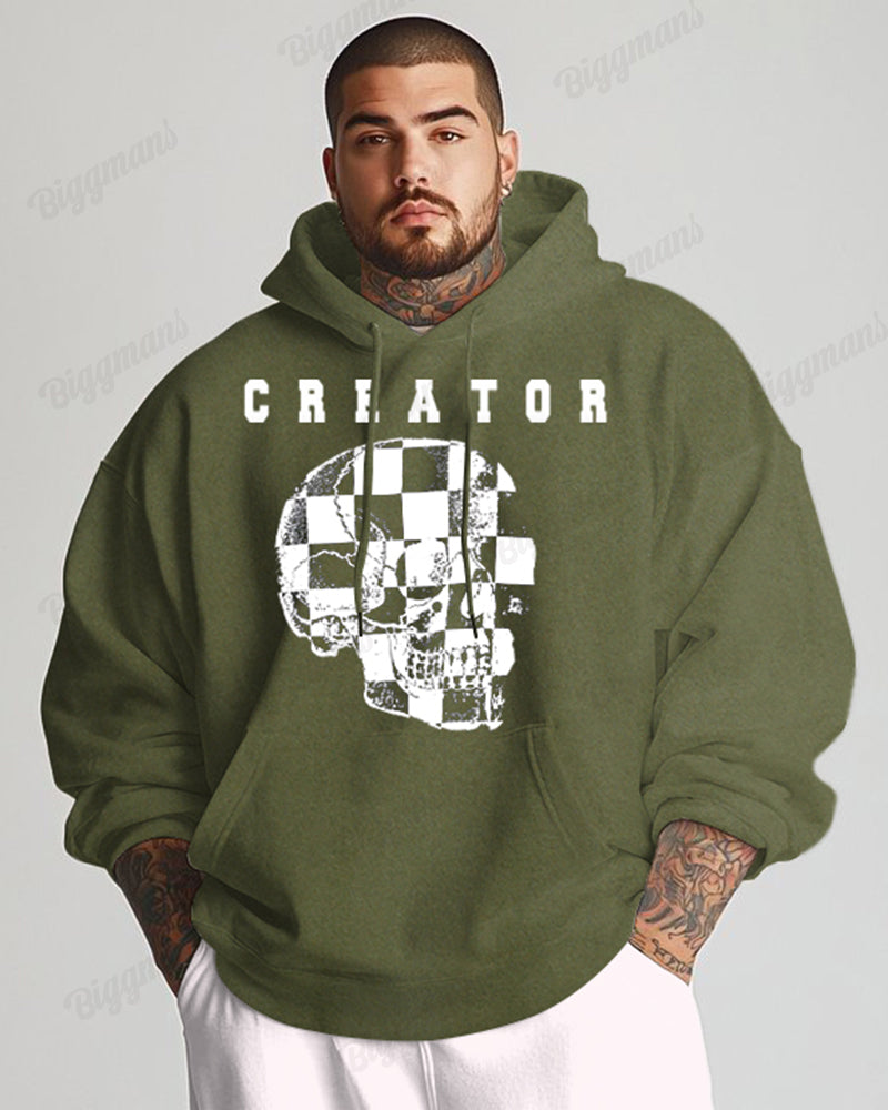 Cotton-checkerboard Design Skull Print Big Men's Loose Sweater