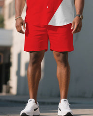 Men's Plus Size Red & White Irregular Stitching Short Sleeve Shirt Shorts Suit