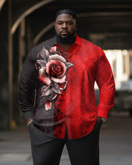 Big Guys Rose Colorblock Romantic Unique Lapel Long Sleeve Shirt