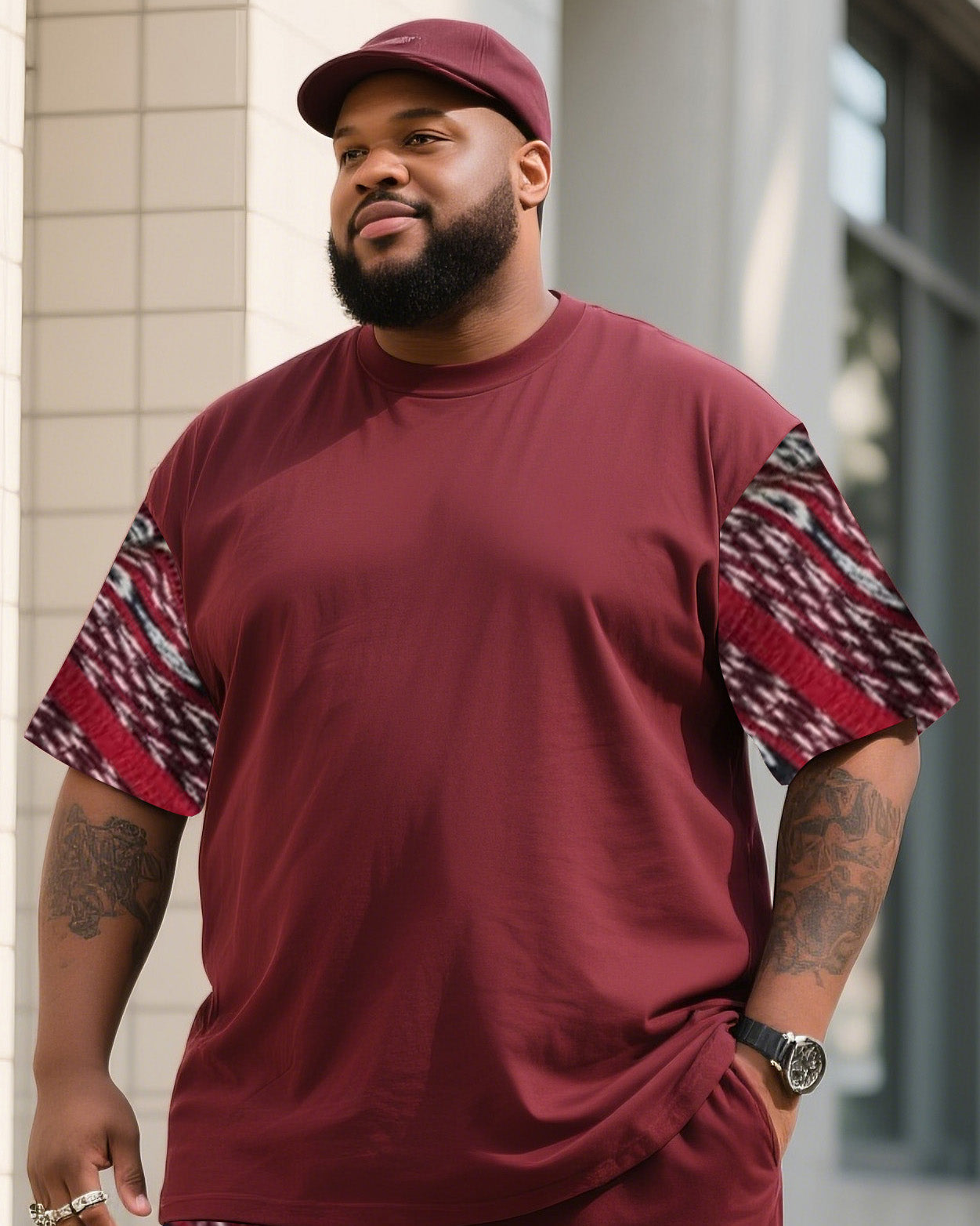 Men's Plus Size Bordeaux Red Creative Striped Print T-shirt Shorts Suit