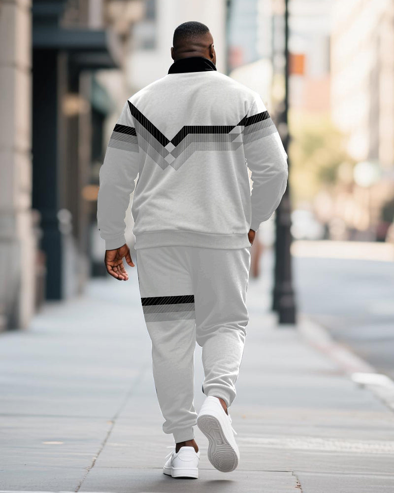 Big & Tall Men's Black And Gray Contrast Printed POLO Collar Zipper Long Sleeve Pants Two-piece Set