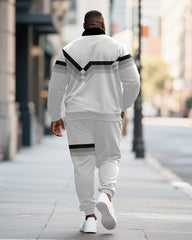 Big & Tall Men's Black And Gray Contrast Printed POLO Collar Zipper Long Sleeve Pants Two-piece Set