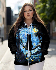 Women's Plus Fashion Starry Sky Black Cat Print Long-sleeved Zipper Hoodie