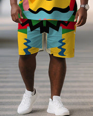Men's Plus Size Green Graffiti Big Eyes Cartoon Print Short Sleeve T-Shirt Shorts Suit