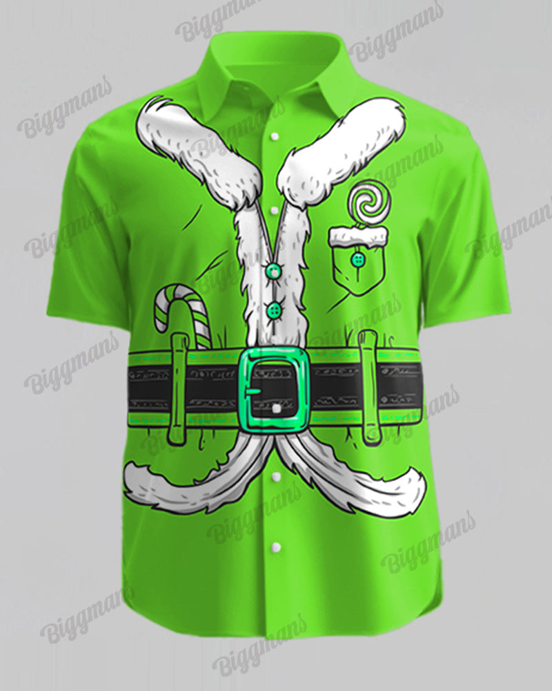Men's Big & Tall Christmas Green Santa Cosplay Printed Short Sleeve Shirt Shorts Set