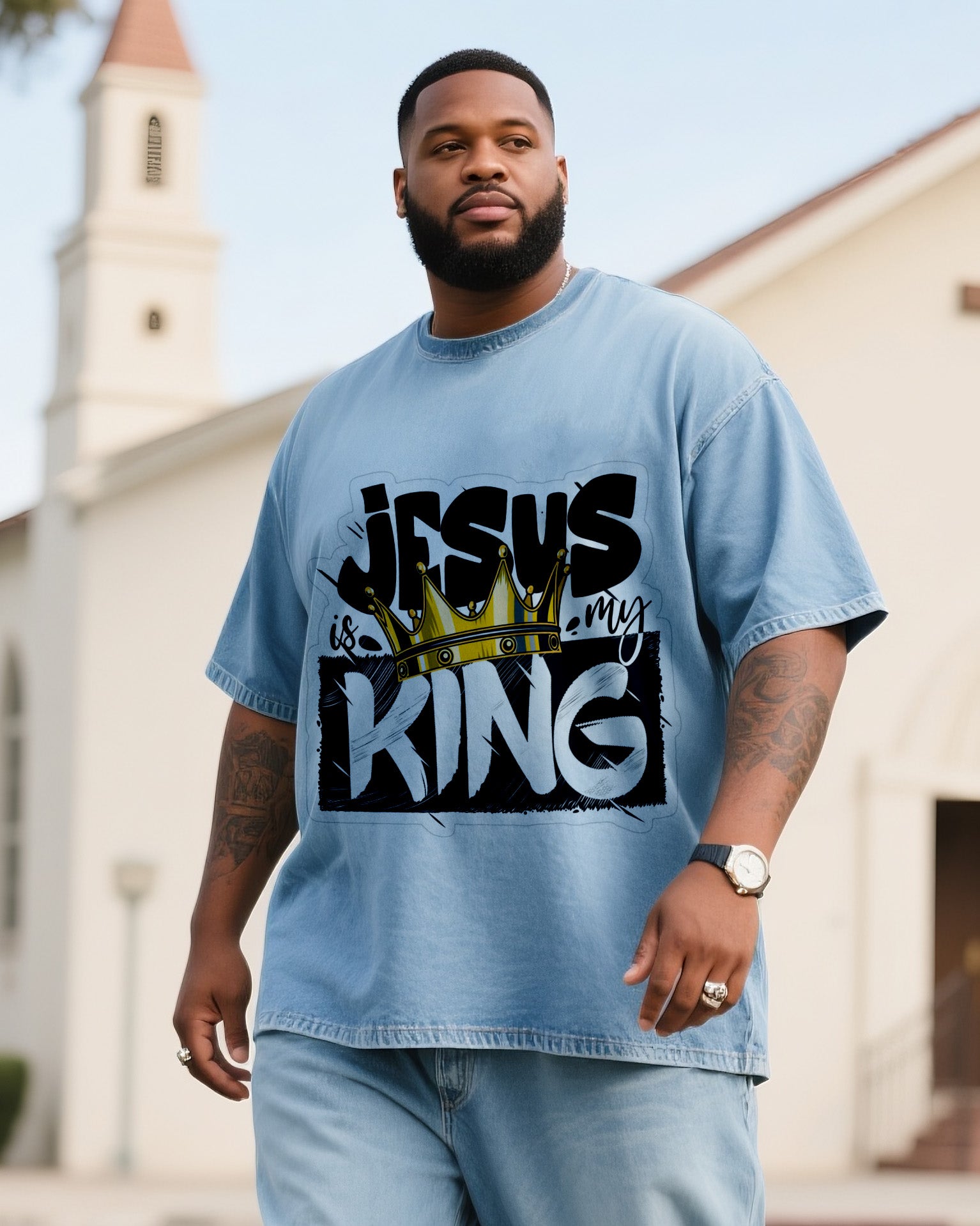 Plus Size Men JESUS KING Printed Denim T-Shirt Pants Suit