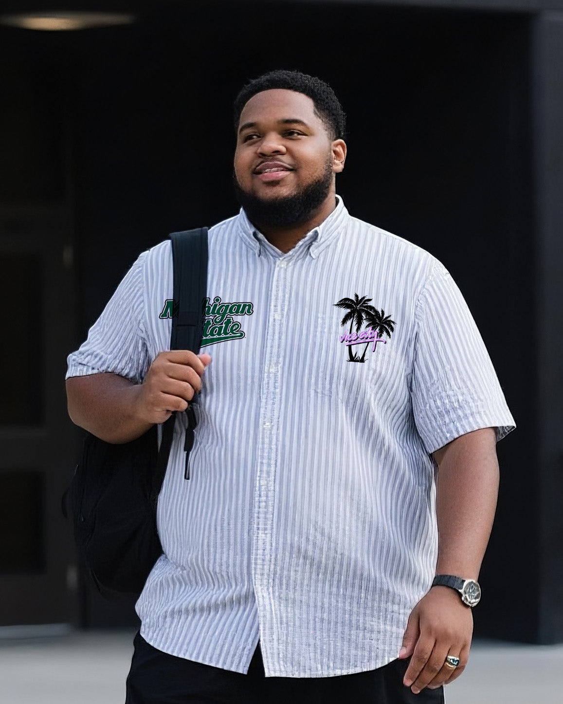 Big & Tall Men's Daily Leisure. Original Design Academy Wind Letters. Blue Pinstripes. Printed Short Sleeve Shirt Shorts Suit