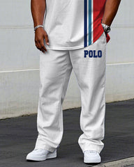 Men's Plus Size Casual White & Red Small Label Printed Short-sleeved T-shirt Trousers Suit