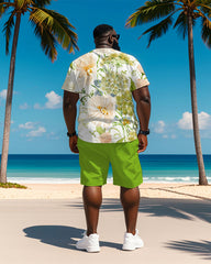 Big & Tall Men's Hawaiian Green Floral Graffiti Print Round Neck Short Sleeve T-Shirt Shorts Suit