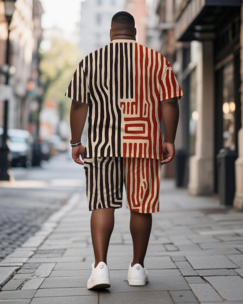 Men's Plus Size Black Red Stripe Geometric Print Short Sleeve T-Shirt Shorts Suit