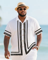 Big Men's Vacation Casual Bohemian Style Black Double Striped Edge Textured White Short Sleeve Shirt Shorts Suit