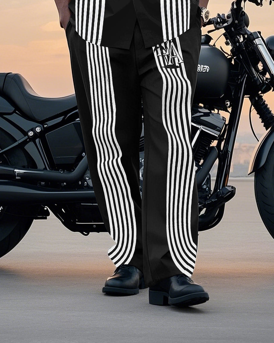 Big Man's Motorcycle Style/nightclub Striped Color Block Printed Short Sleeve Shirt Trousers Suit