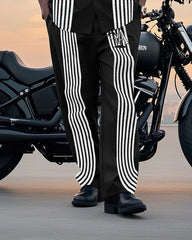 Big Man's Motorcycle Style/nightclub Striped Color Block Printed Short Sleeve Shirt Trousers Suit