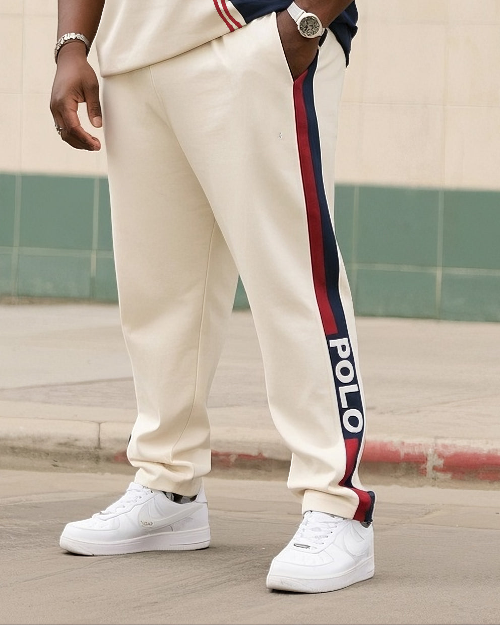 Big Boy Daily Casual Simple Color-matching Polo English Round Neck Short-sleeved T-shirt Striped Trousers