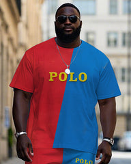 Big Men's Casual Blue & Red Color Block POLO Printed Short Sleeve T-shirt Pants Set with Drawstring