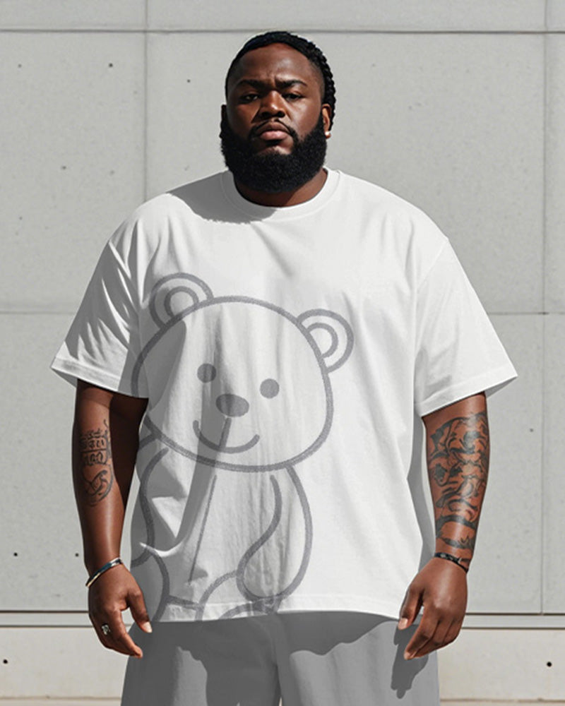 Men's Plus Size Light Gray Line Bear Print Short Sleeve T-shirt Shorts Suit