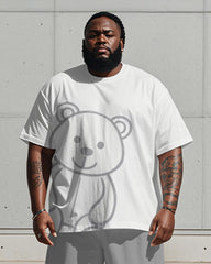 Men's Plus Size Light Gray Line Bear Print Short Sleeve T-shirt Shorts Suit