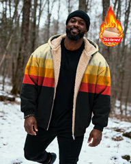 Big & Tall Men's Yellow Orange Red Black Contrast Striped Printed Velvet Thickened Zipper Hoodie