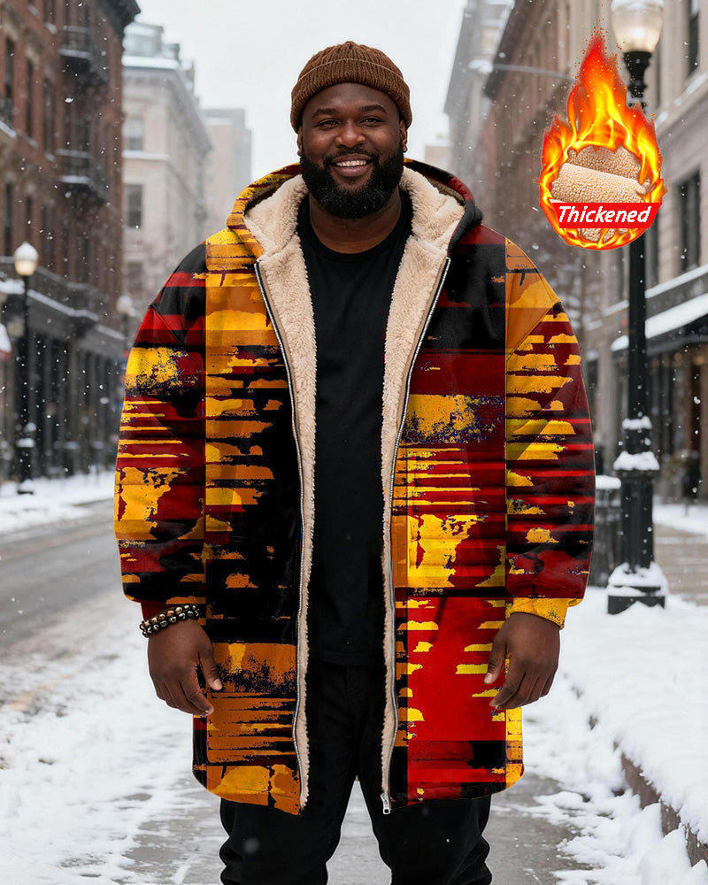 Big & Tall Men's Red And Yellow Contrast Abstract Graffiti Printed Velvet Thickened Long Hooded Coat