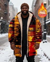 Big & Tall Men's Red And Yellow Contrast Abstract Graffiti Printed Velvet Thickened Long Hooded Coat