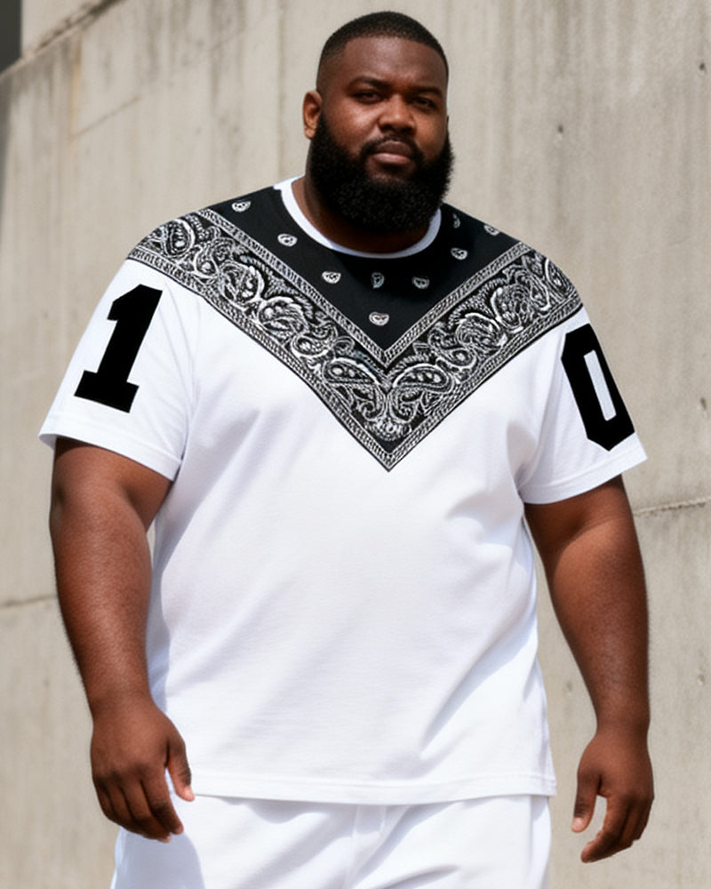Big & Tall Men's Paisley Triangle Patchwork Printed Round Neck Short Sleeve T-Shirt Shorts Set