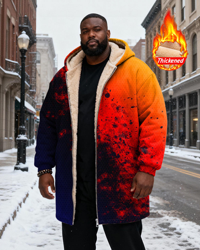 Big & Tall Men's Orange Graffiti Gradient Print Velvet Thickened Long Hooded Coat