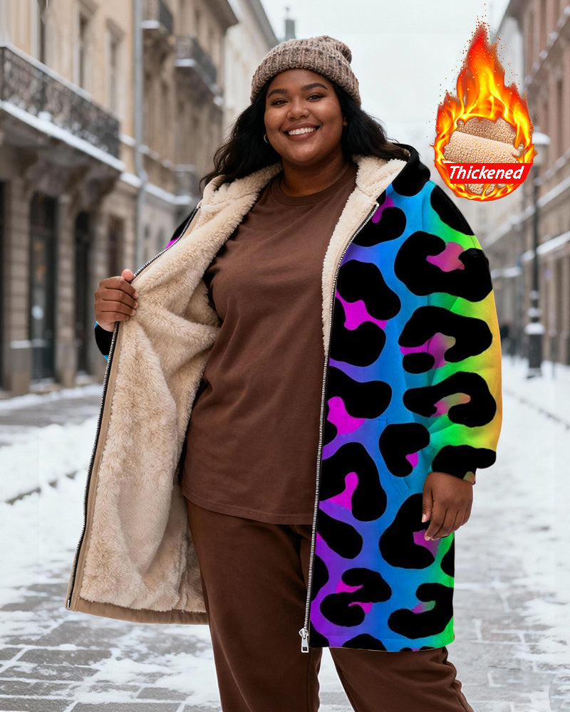 Women's Colorful Gradient Leopard Print Velvet Padded Long Hooded Coat
