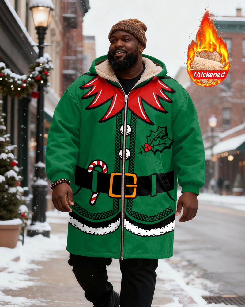 Big & Tall Men's Green Christmas Elves With Candy Cane Printed Velvet Thickened Long Hooded Coat