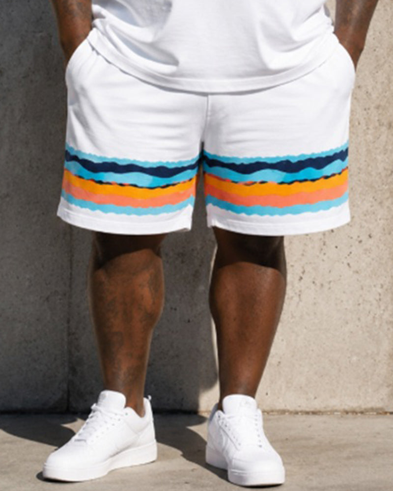 Big & Tall Men's Wave Rainbow Stripe Print Round Neck Short Sleeve T-Shirt Shorts Set