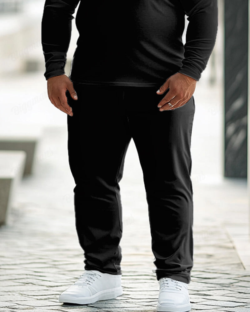 Featured Neckline Solid Color Simple Daily Lapel Polo Long Sleeve 2-piece Set Men's Plus Size