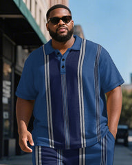 Men's Plus Size Business Blue Stripe Print Short Sleeve Polo Shirt Shorts Suit