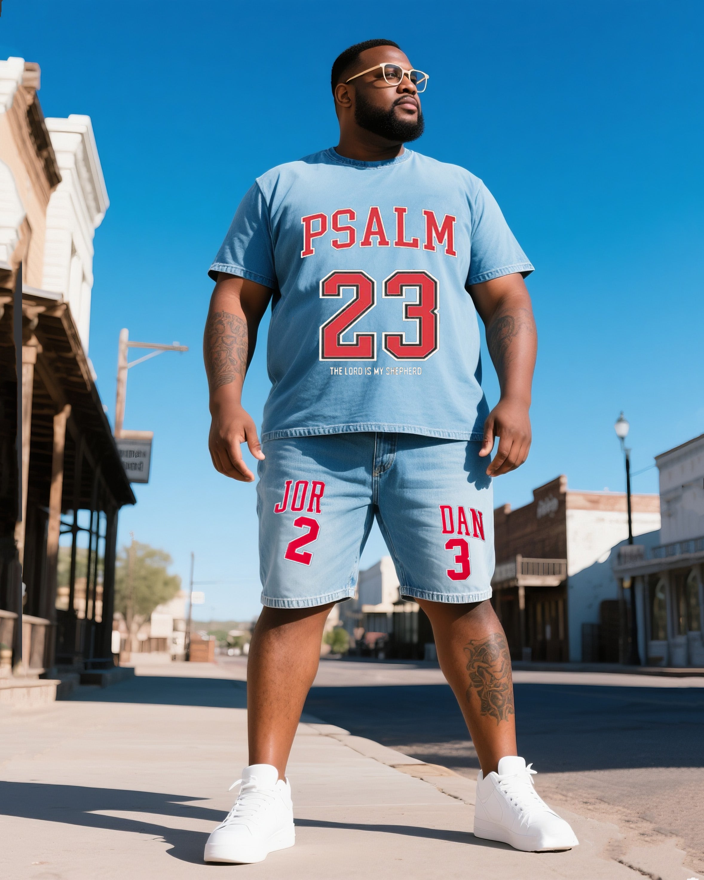 Big & Tall Men's23 T-shirt. Jor-Dan Deconstruction Collage Shorts Denim Suit