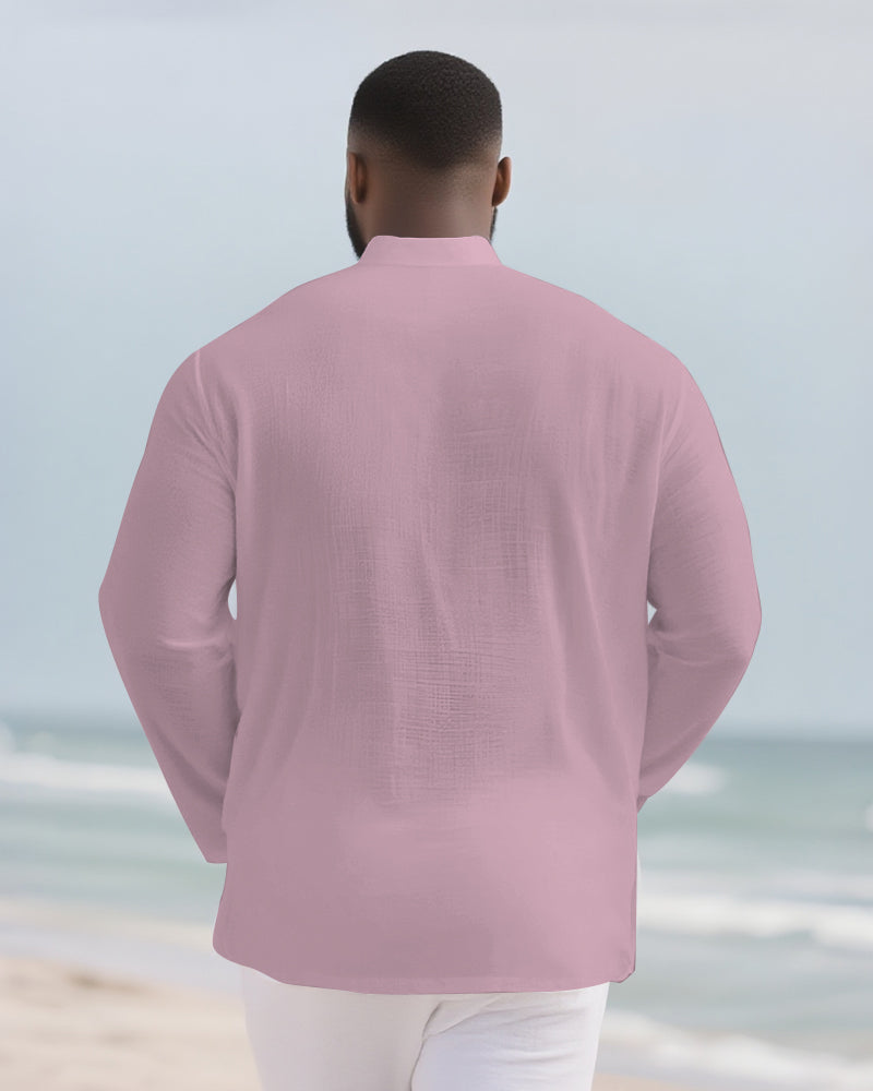 Big & Tall Men's Everyday Solid Color Bamboo Hemp Texture Henry Collar Long Sleeve Shirt