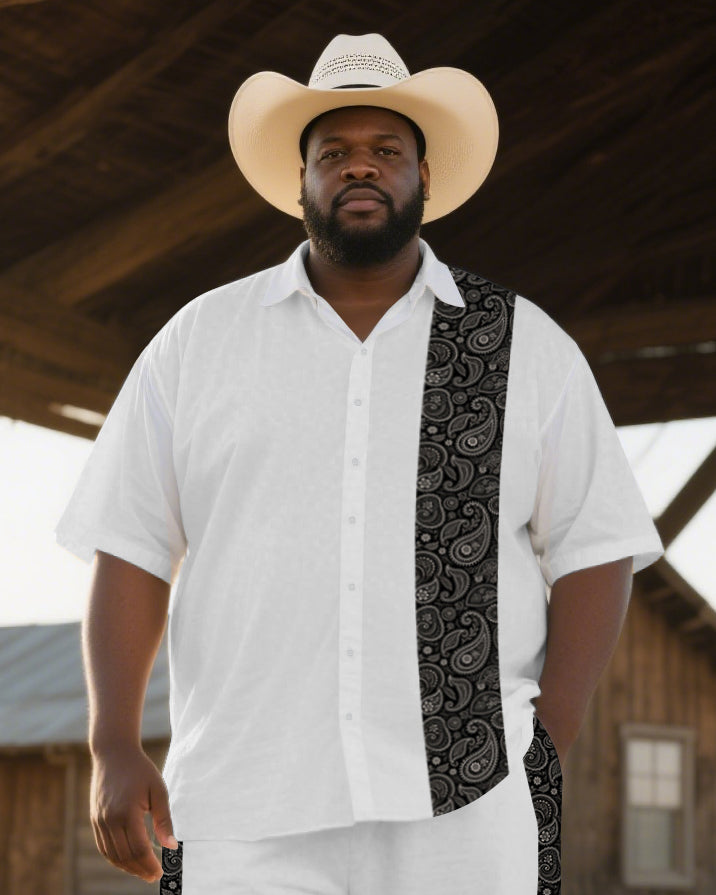 Men's Western Paisley Splicing Pattern Casual Big & Tall Short-Sleeve Shirt Trouser Sets
