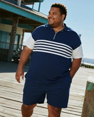 Big & Tall Men's Business Dark Blue Striped Print Short Sleeve Zip Polo Shirt Shorts Suit
