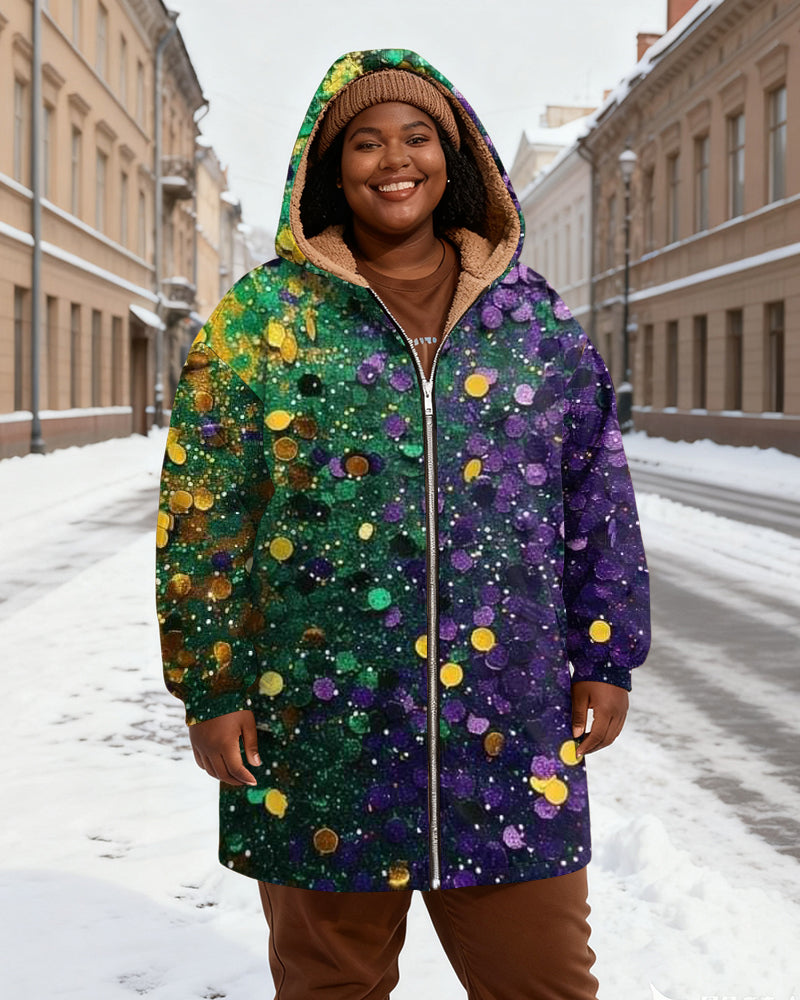 Green And Purple Sequin Gradient Printed Velvet Thickened Long Hooded Exterior