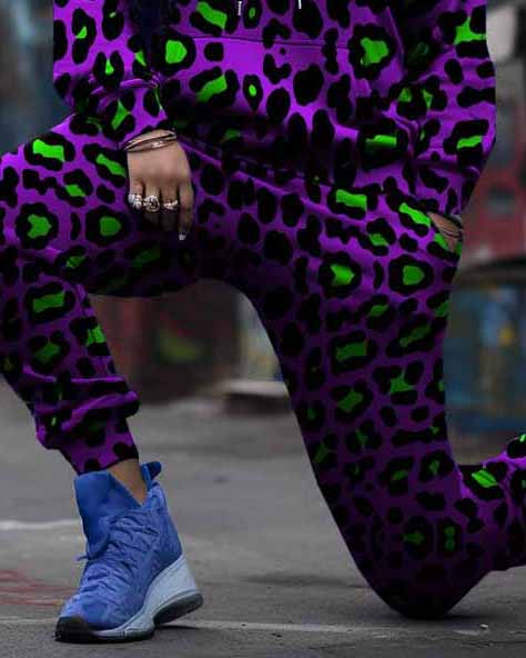 Women's Plus Size Purple Color Block Leopard Print Hoodie Set