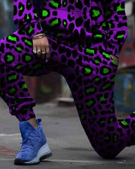 Women's Plus Size Purple Color Block Leopard Print Hoodie Set