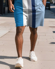 Men's Plus Size Business Blue Stripe Print Short Sleeve Polo Shirt Shorts Suit