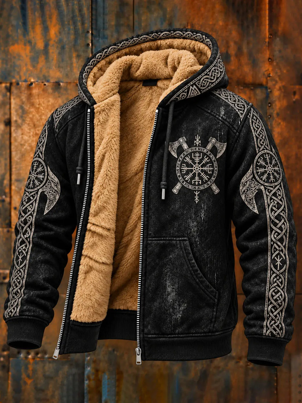 Men's Retro Viking Print Zipper Fleece Hooded Jacket