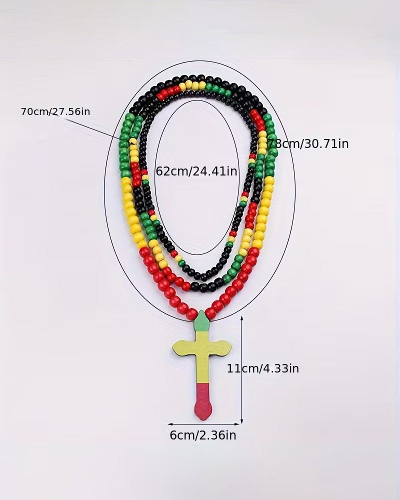 Reggae Color Wooden Bead Cross Necklace Hip Hop Jewelry
