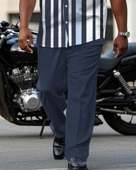 Men's Plus Size Fashion Business Blue Striped Contrast Short Sleeve Shirt Trousers Suit
